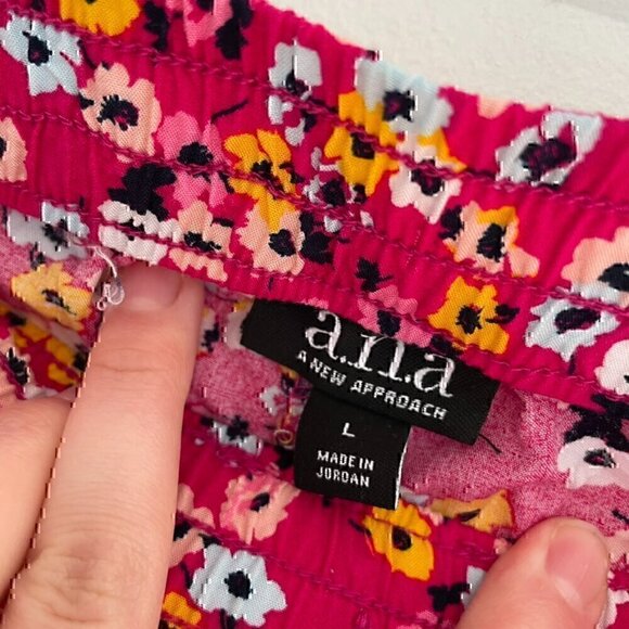 A.N.A Magenta Pink Blue Mustard Floral Pull On Drawstring Pom Pom Trim Shorts L - Picture 4 of 11